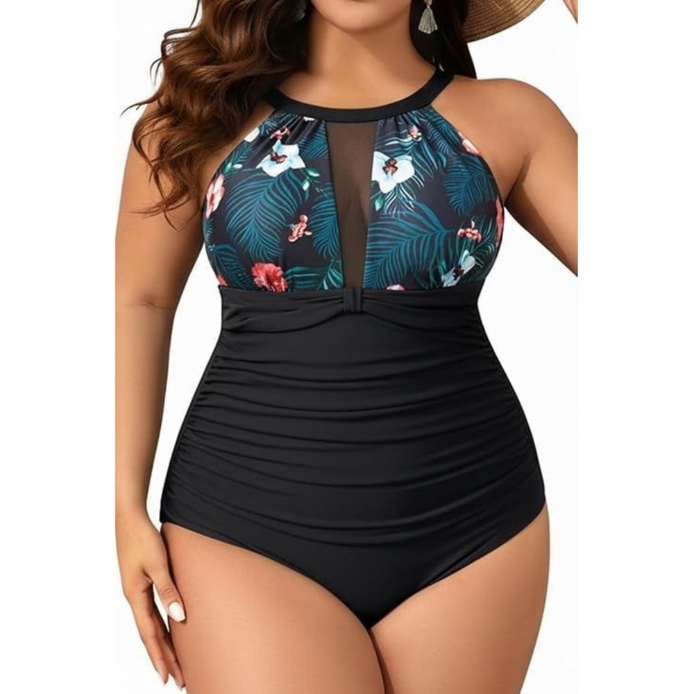 Aqua Eve Women's 1pc Tummy Control High Neck Ruched Swimsuit‎ - Black Floral 16W